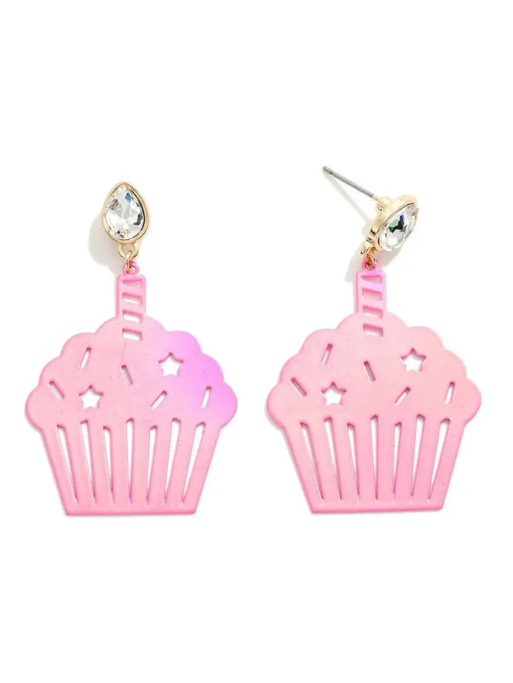 Pink Birthday Cupcake Earrings Rhinestone Candle Drop Dangle